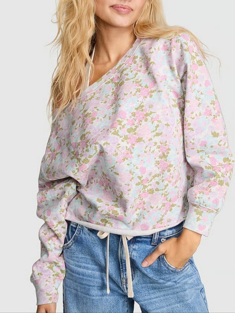 VS Pink Campus Fleece Rib Off-The-Shoulder Sweatshirt Sz Lg